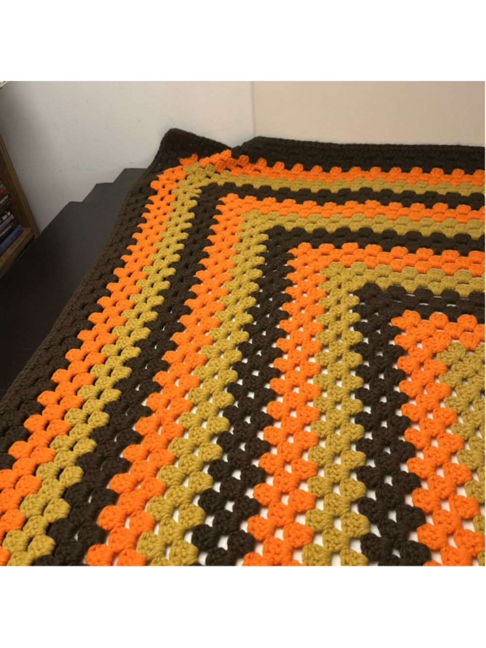 VTG 70s Crochet Afghan Blanket Throw Orange Brown Yellow Retro Handmade 55x55 - Picture 3 of 6